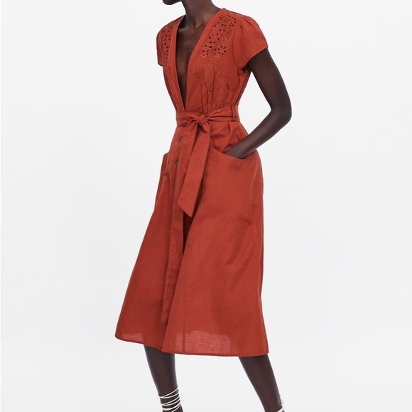 Zara Terracotta Embroidered Button Front Midi Dress - Picture 12 of 15